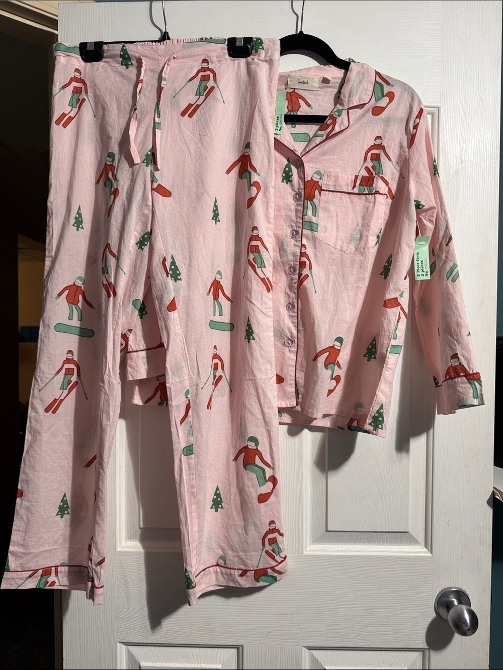 Saatvik 100% Cotton Ski Print Pajama Set Pink Holiday Sleepwear Small Cozy